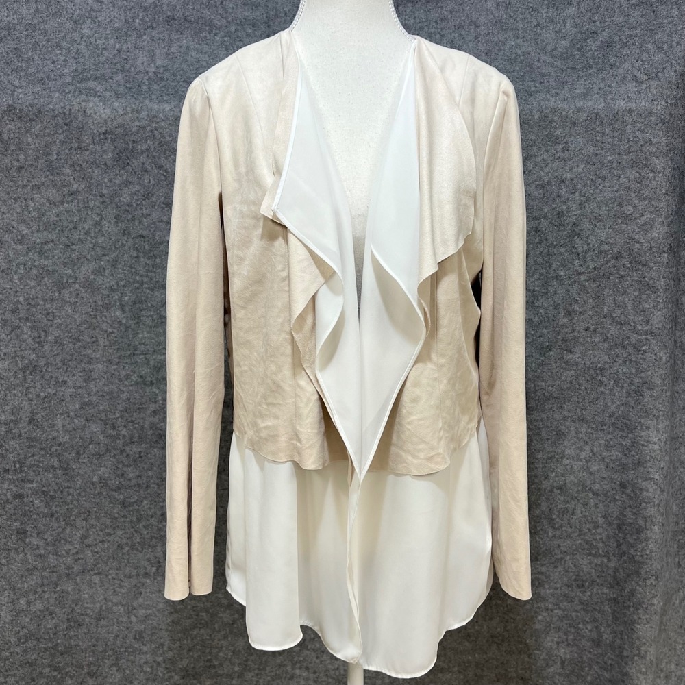 Joseph Ribkoff Beige White Faux Suede Drape Front Cardigan Double Layer Size 10